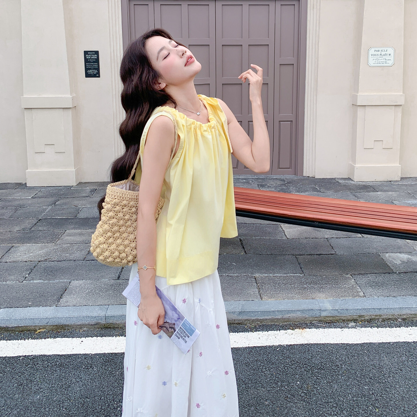 木耳边系带背心碎花半身裙
