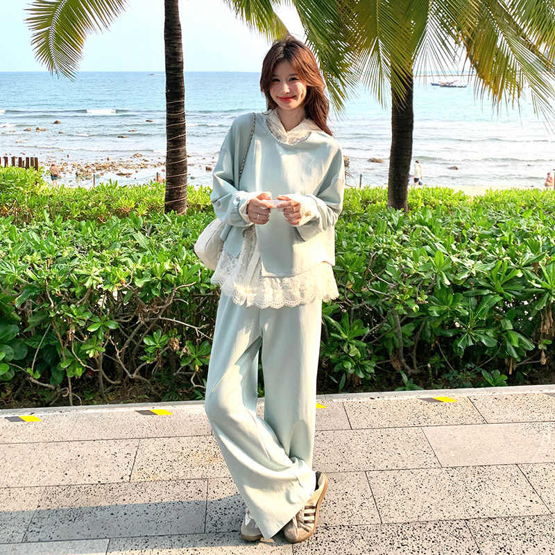 韩系蕾丝连帽卫衣阔腿裤套装女