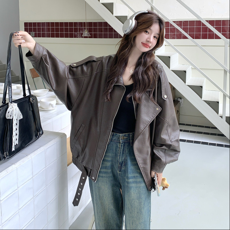 甜酷风洋气高级感复古宽松oversize皮衣外套秋季新款机车服皮夹克