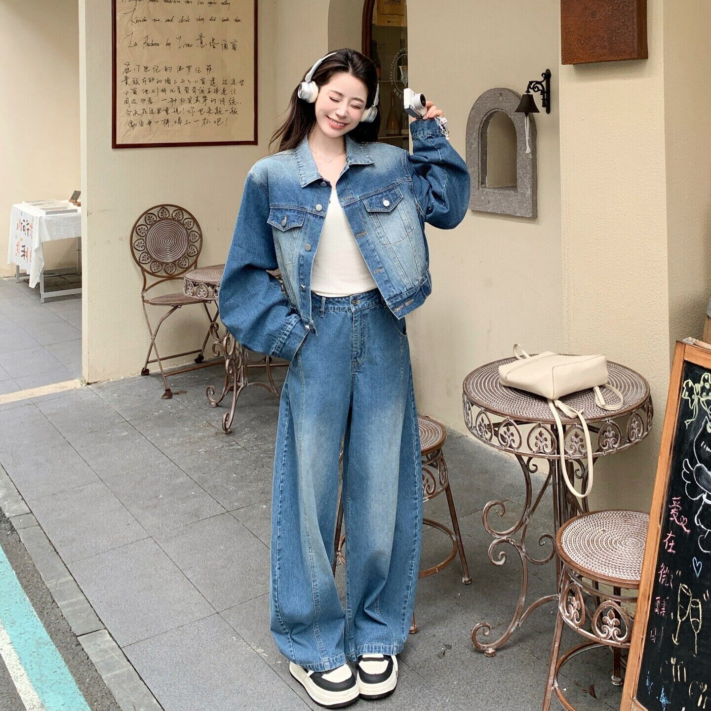 深蓝色港风复古短款翻领牛仔外套阔腿裤套装女秋季新款洋气两件套