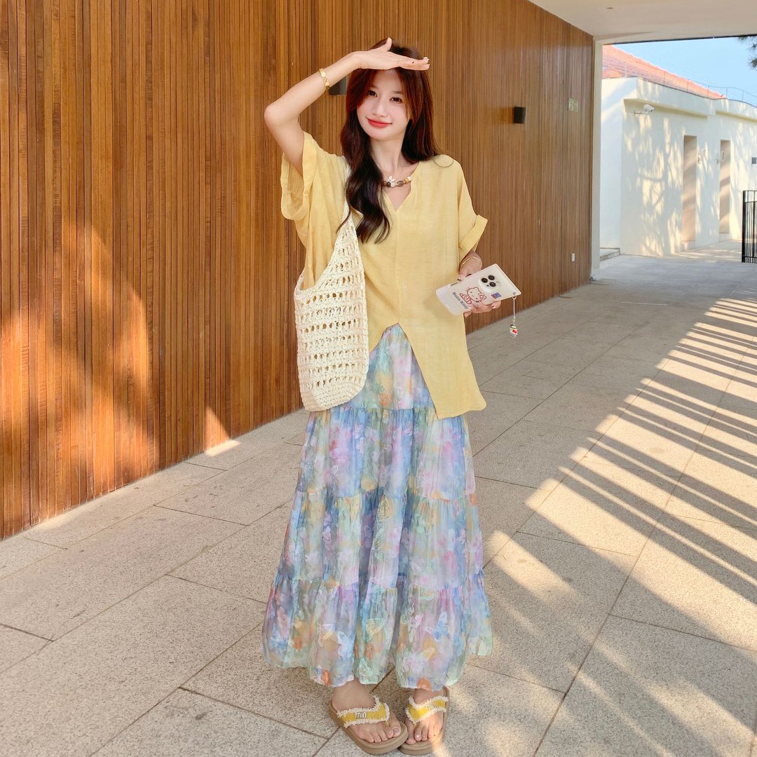 松弛感宽松短袖衬衫套装长裙女夏季波西米亚度假碎花半身裙两件套