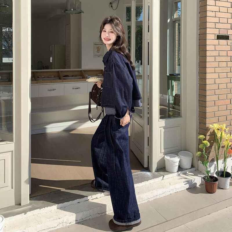 轻熟风复古格子拼接假两件牛仔衬衫夹克上衣休闲阔腿裤两件套女春