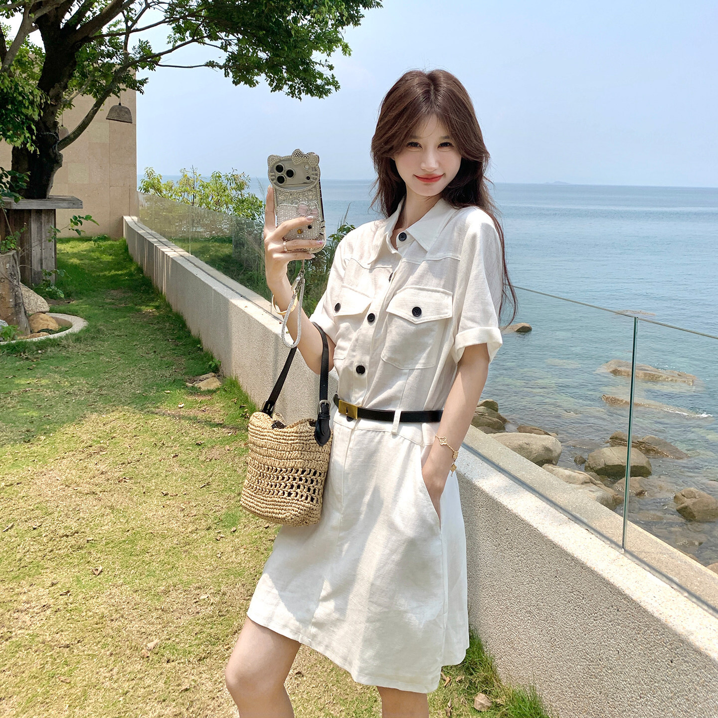 韩系短袖翻领系带衬衫裙女