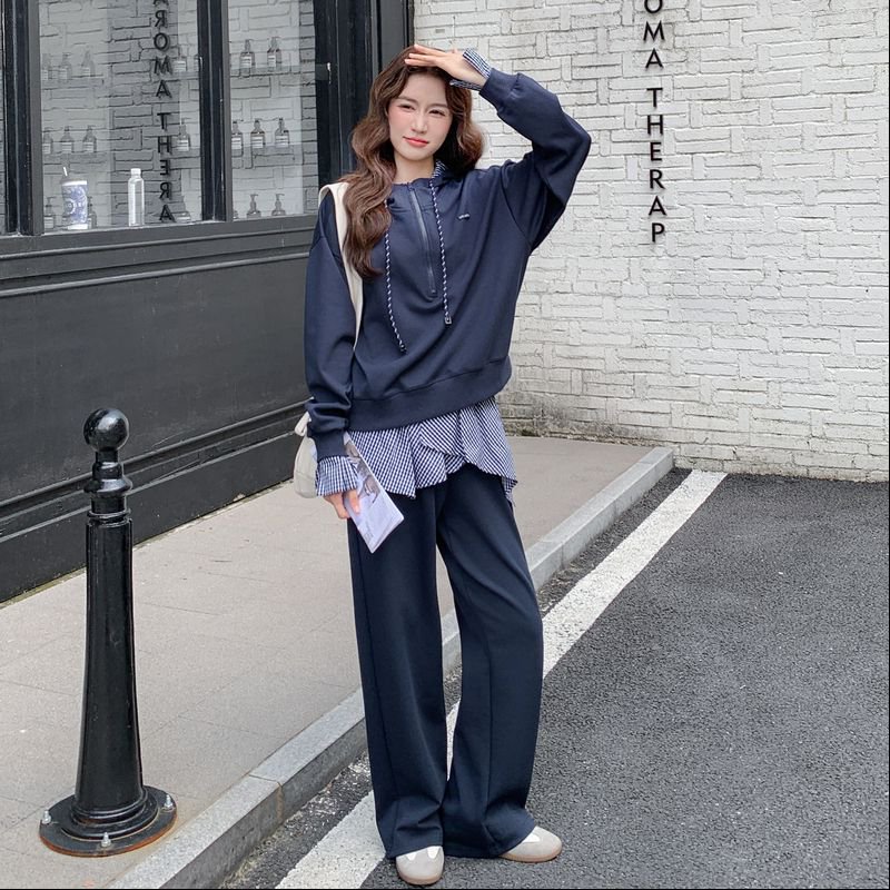 复古格纹拼接假两件连帽卫衣套装女春秋宽松显瘦休闲阔腿裤两件套