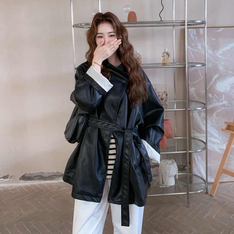 黑色皮衣中长款风衣夹克女