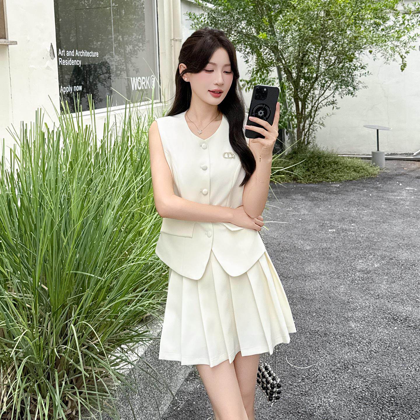 学院风无袖西装马甲套装短裙女夏季新款法式高级感百褶裙两件套潮