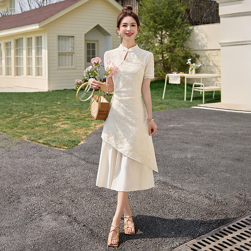 新中式复古拼接刺绣夏季改良旗袍裙日常年轻款假两件不规则连衣裙