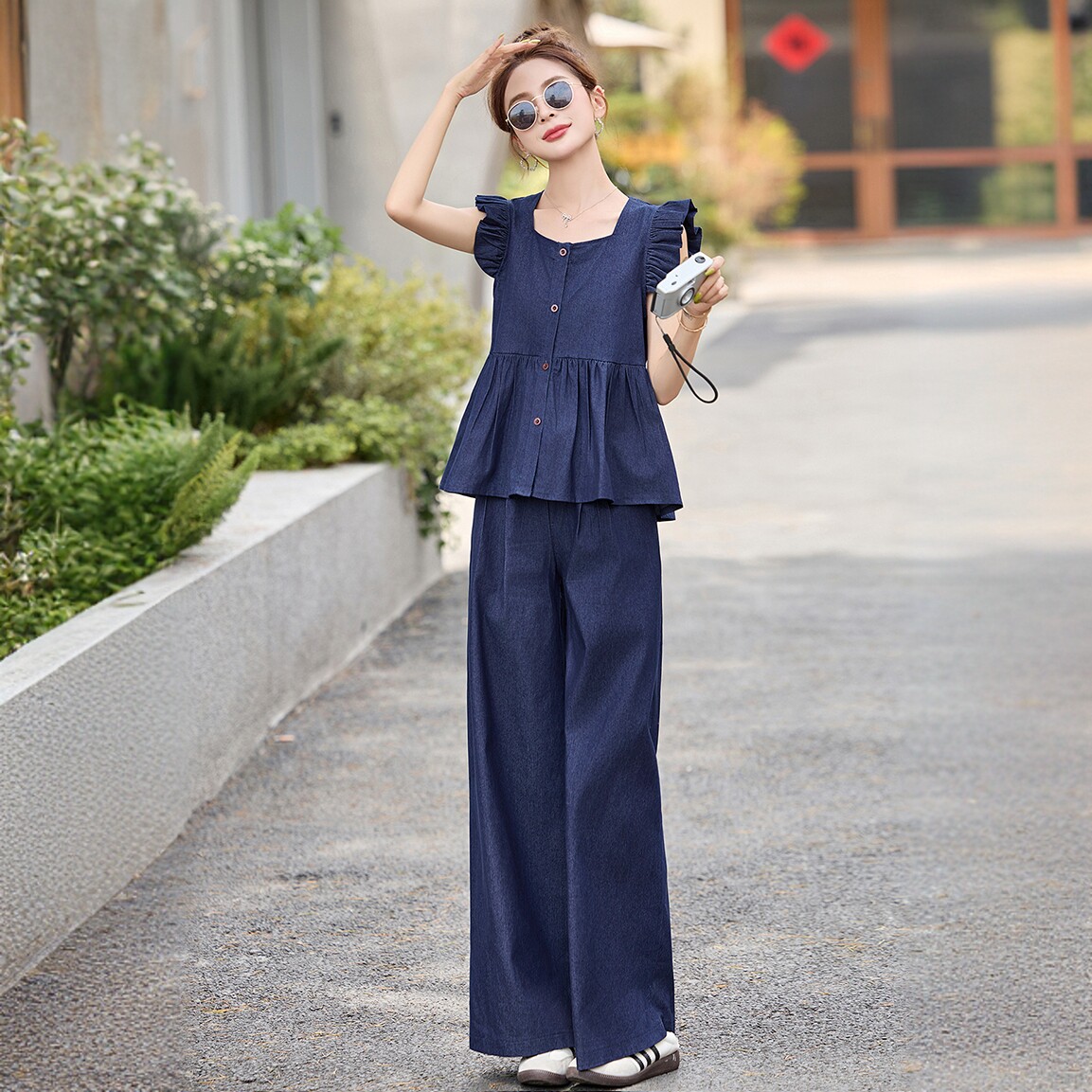 法式复古飞飞袖娃娃衫套装时尚减龄气质显瘦薄款牛仔阔腿裤两件套