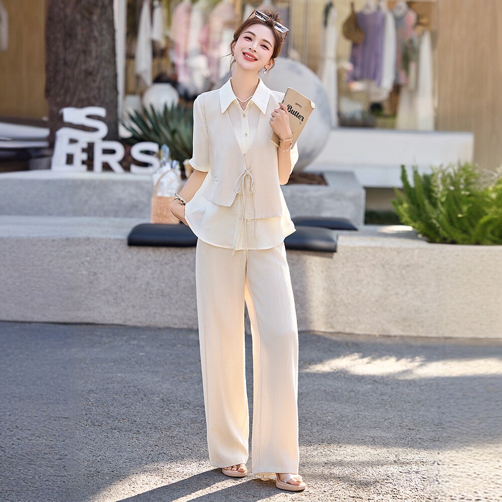轻职时尚设计感假两件马甲衬衫阔腿裤两件套女夏减龄通勤套装长裤