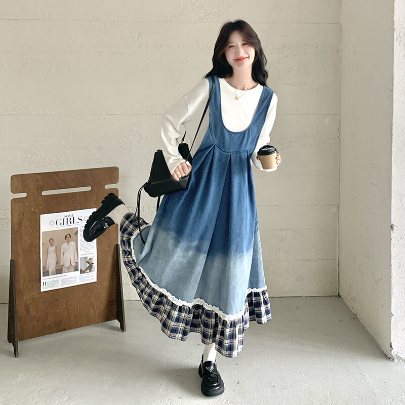 格纹拼接渐变牛仔背心连衣裙女