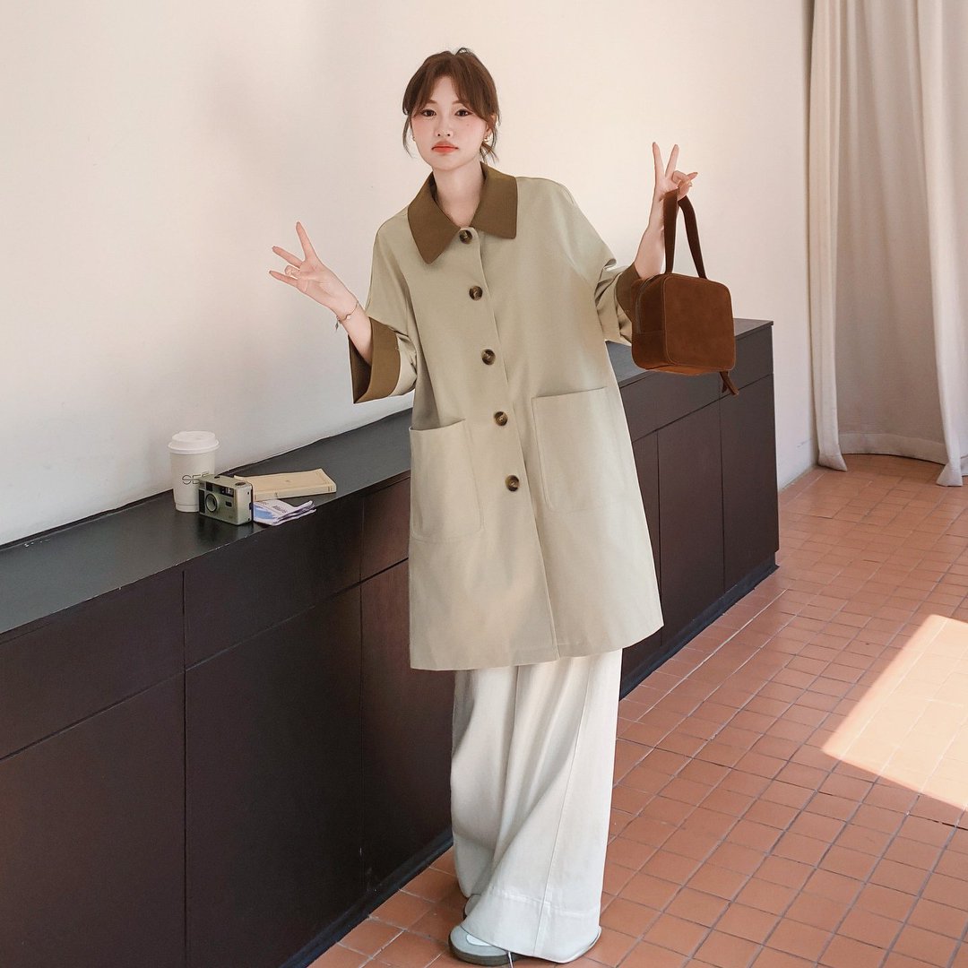 高级感宽松撞色风衣外套女秋季新款韩系超好看简约中长款气质大衣