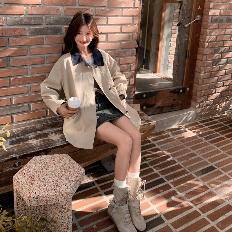 卡其色韩版中长款风衣外套女2026春秋新款拼色宽松显瘦双排扣大衣