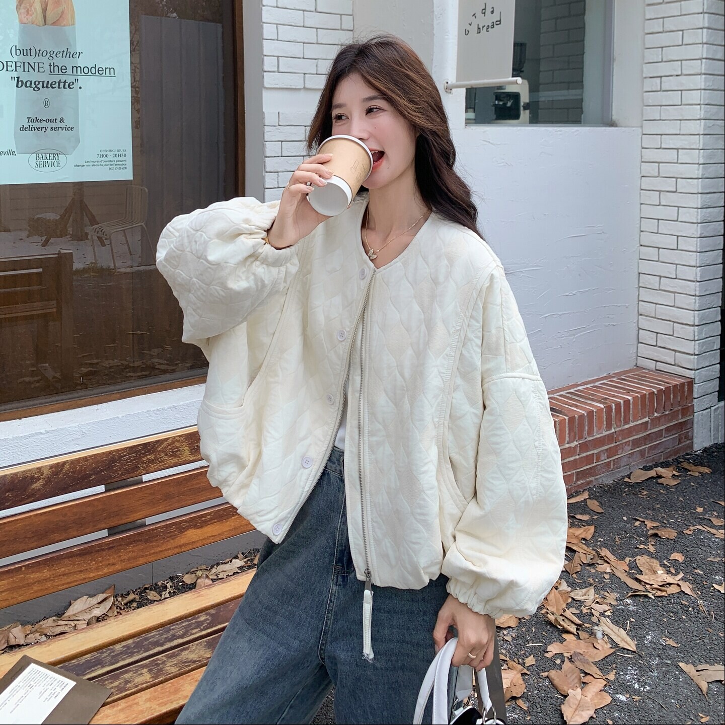 慵懒风菱格纹棒球服外套女