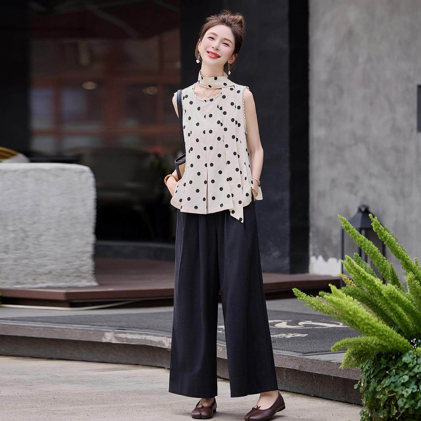 法式休闲百搭一整套穿搭时尚套装女夏季波点花边背心阔腿裤两件套