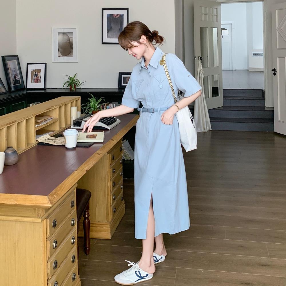 工装轻熟风收腰显瘦气质a字衬衫裙女夏季减龄长款开叉牛仔连衣裙
