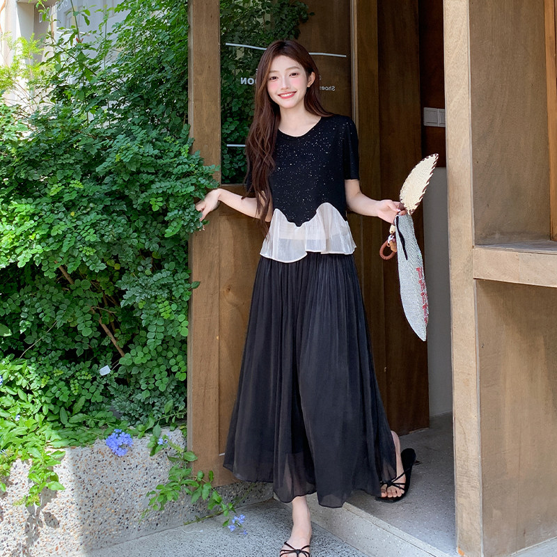 高级感黑色细闪短袖T恤裙裤两件套女夏装微胖显瘦松弛感穿搭套装