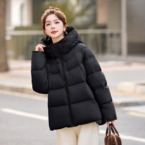 时尚连帽中长款羽绒服女冬季新款宽松面包服加厚保暖上衣鸭绒外套