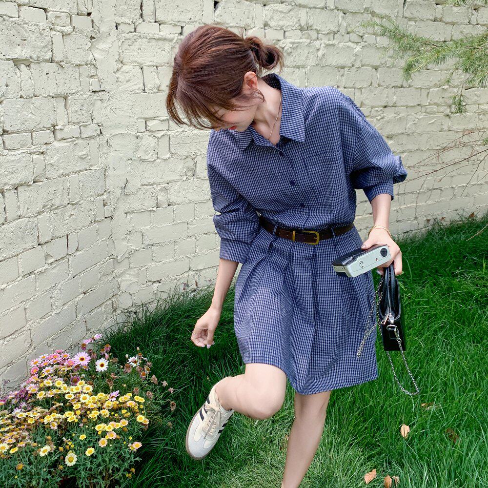 韩系学院风长袖衬衫连衣裙女春秋新款设计感小众收腰显瘦百褶短裙