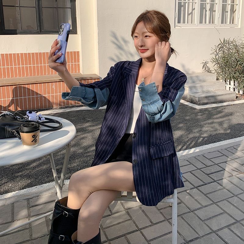 宽松牛仔拼接条纹西装外套女春秋装设计感小众西服休闲高级感西服