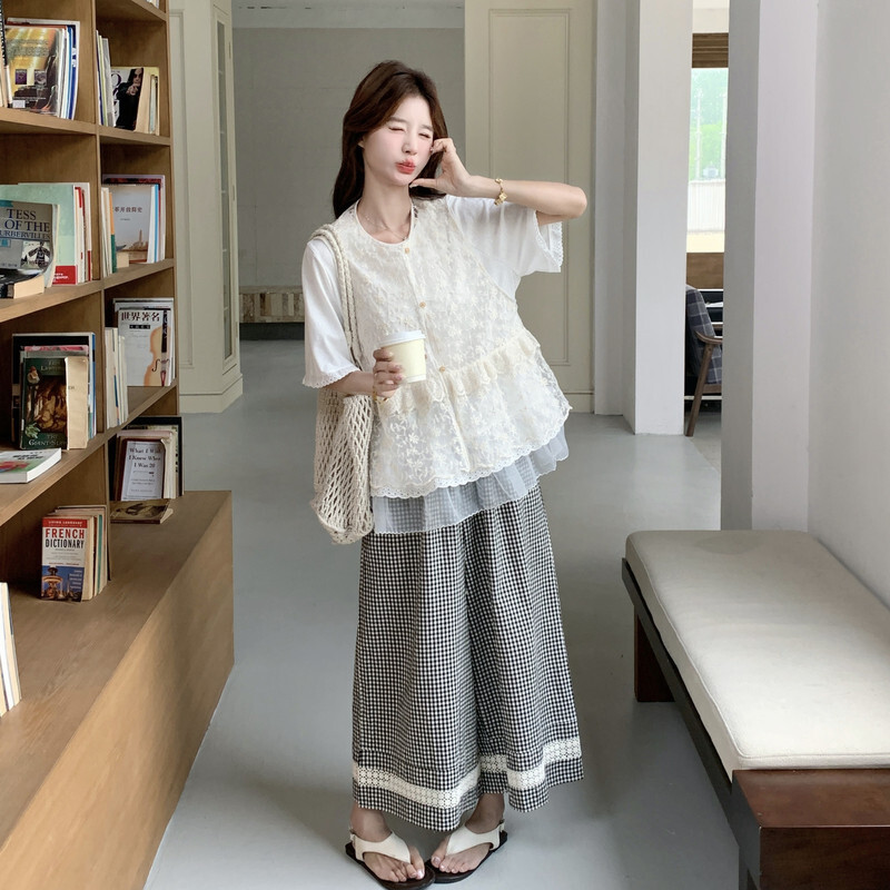 蕾丝马甲T恤格纹阔腿裤女