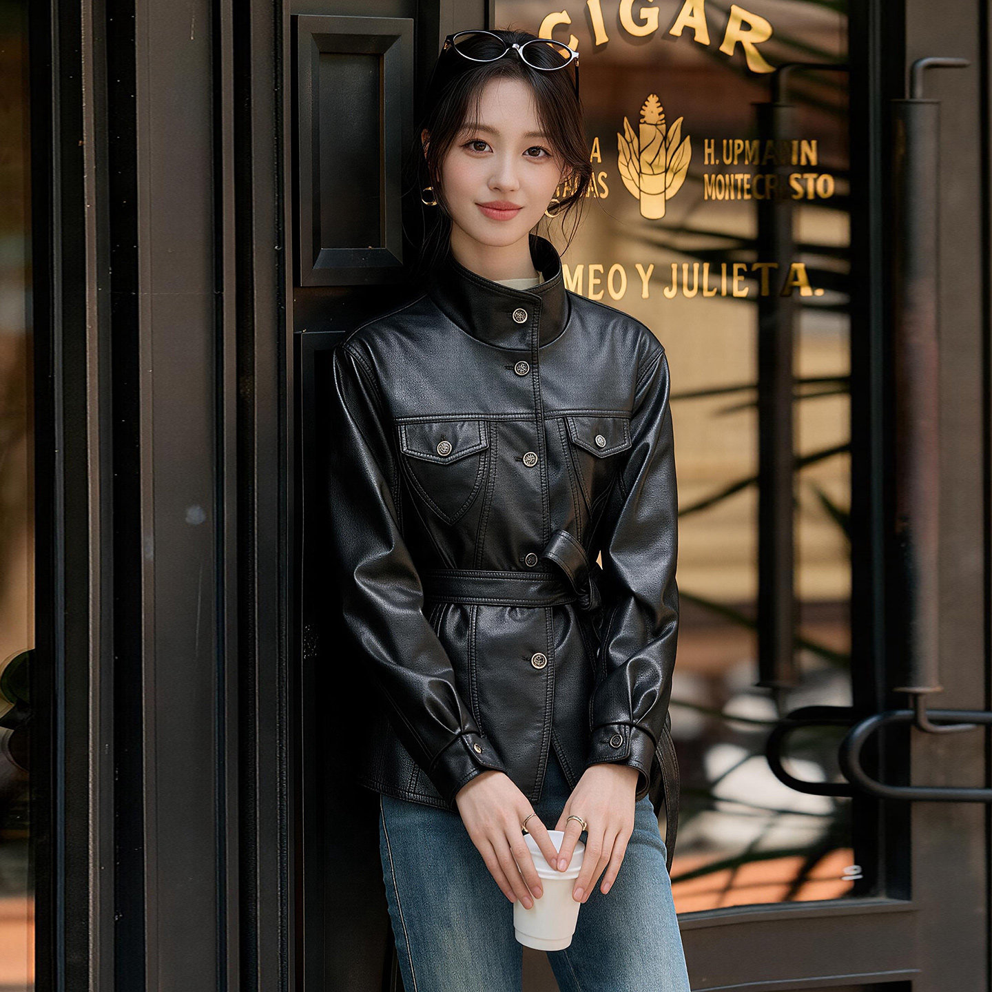 美拉德长袖立领系带短款皮衣女