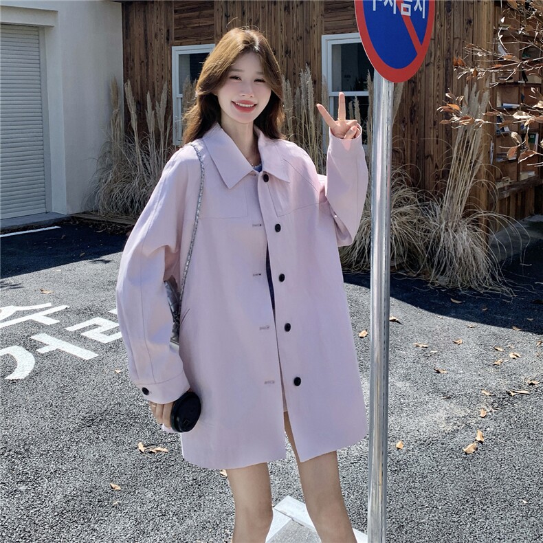 韩版宽松减龄polo领单排扣风衣女