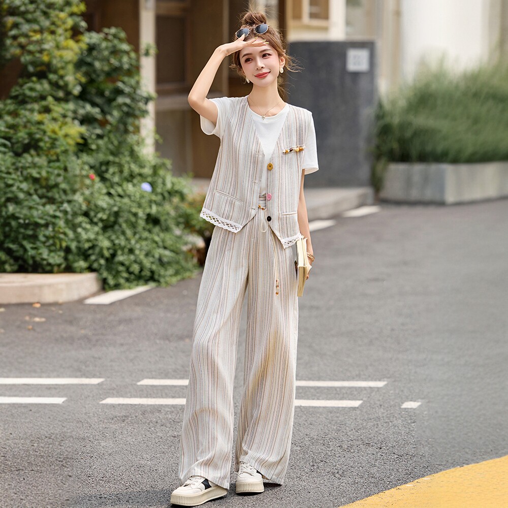 欧货时尚V领条纹马甲上衣套装长裤女夏新款休闲高腰阔腿裤三件套