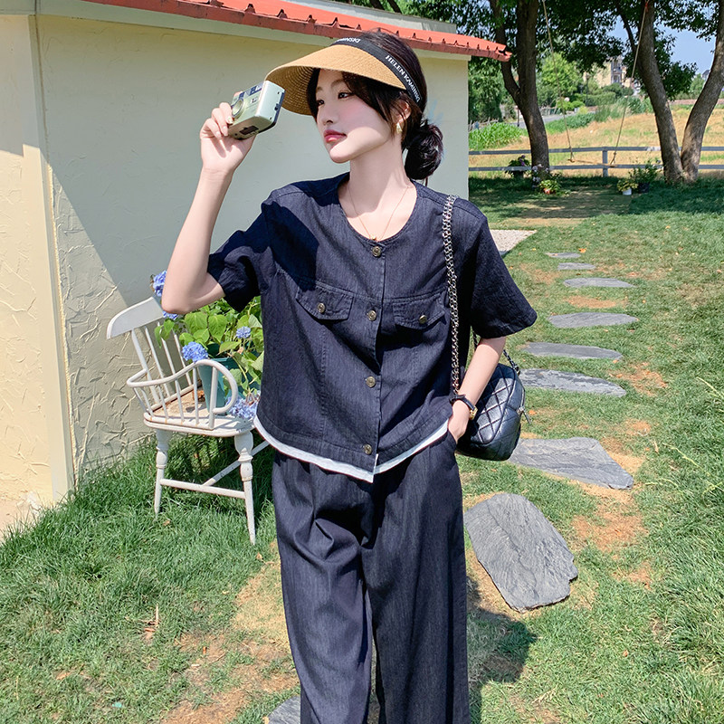 港风高级感薄款牛仔套装女夏季2025新款又酷又飒休闲阔腿裤两件套