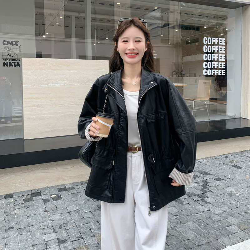 时尚条纹卷边袖中长款皮衣女2026秋季新款宽松显瘦美拉德气质外套
