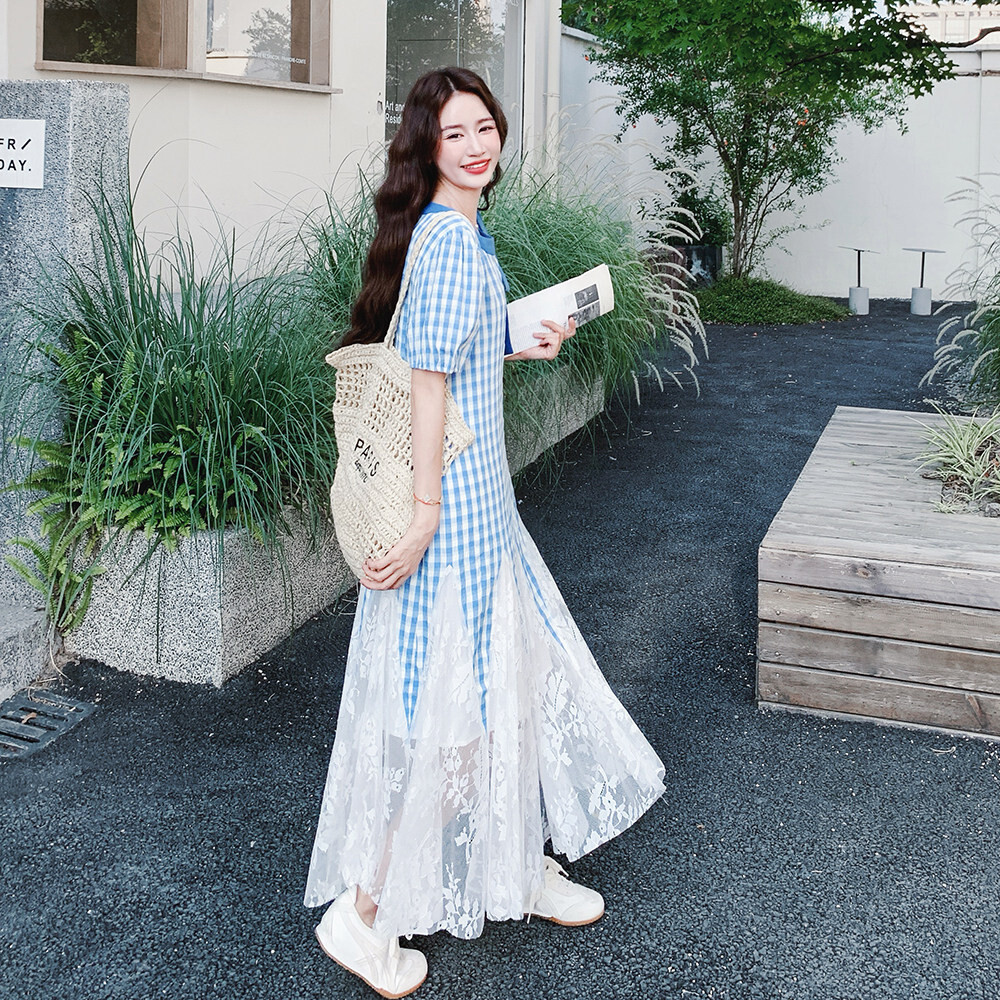 蓝色格子蕾丝鱼尾连衣裙女