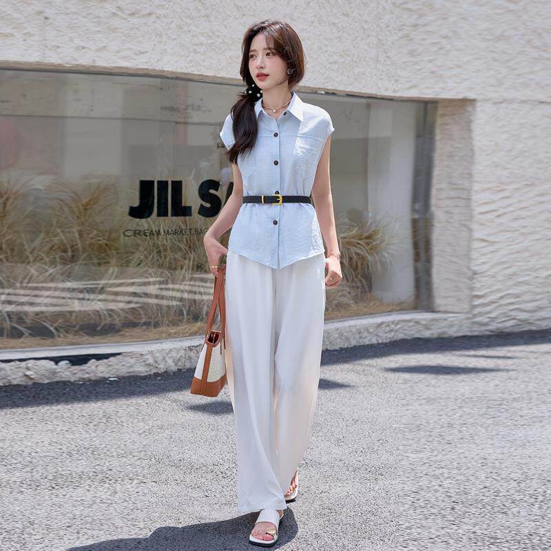 高级感通勤职业套装女夏显瘦单排扣气质无袖衬衫上衣阔腿裤两件套