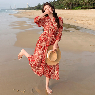 海边度假沙滩裙春秋优雅气质复古印花雪纺长裙 波西米亚连衣裙夏季