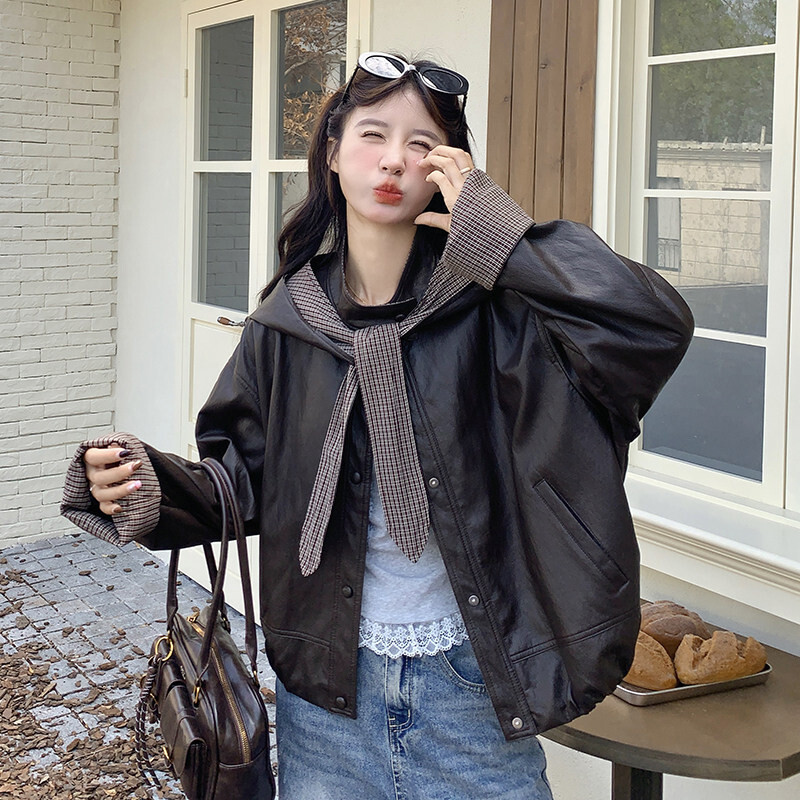 美拉德咖色格纹连帽皮衣外套女