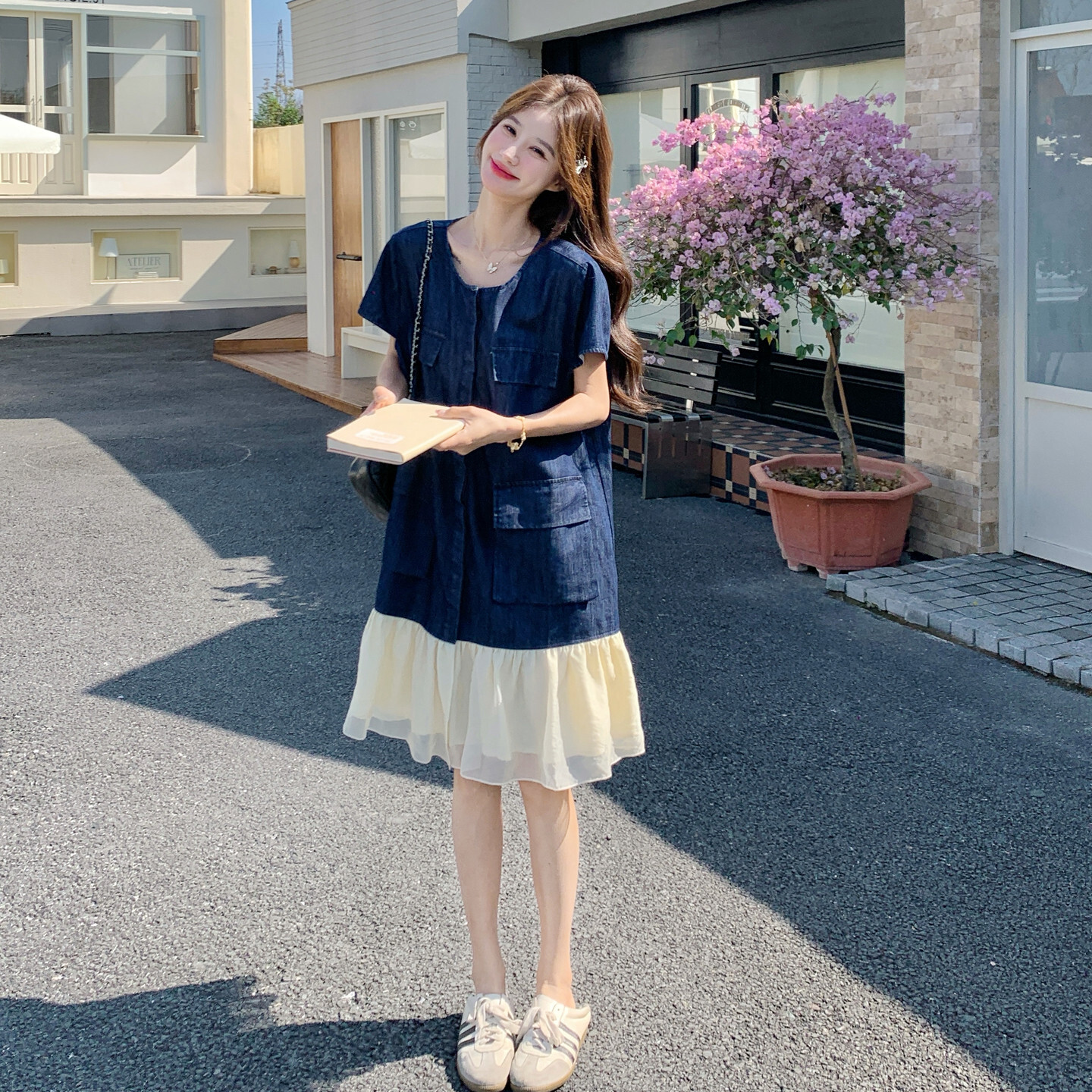 圆领短袖网纱拼接牛仔裙女