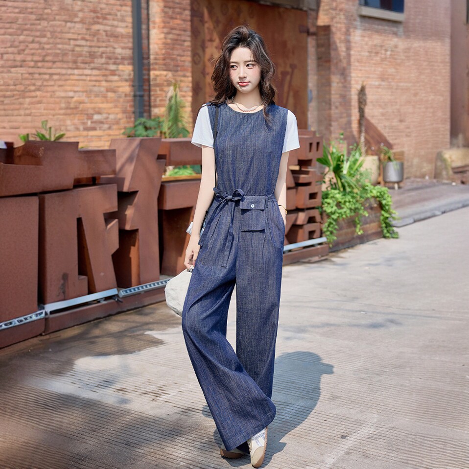 藏蓝色套装夏季新款港风复古休闲百搭牛仔连体裤薄款短T恤两件套