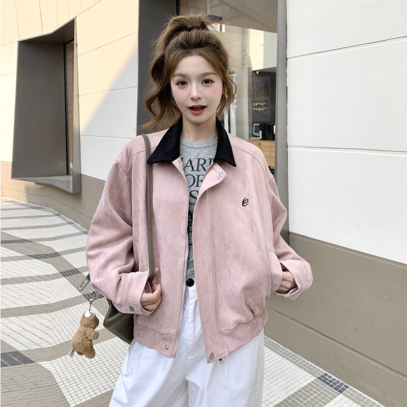 拼接设计粉色麂皮绒外套女春秋2025新款美式机车服爆款棒球服上衣