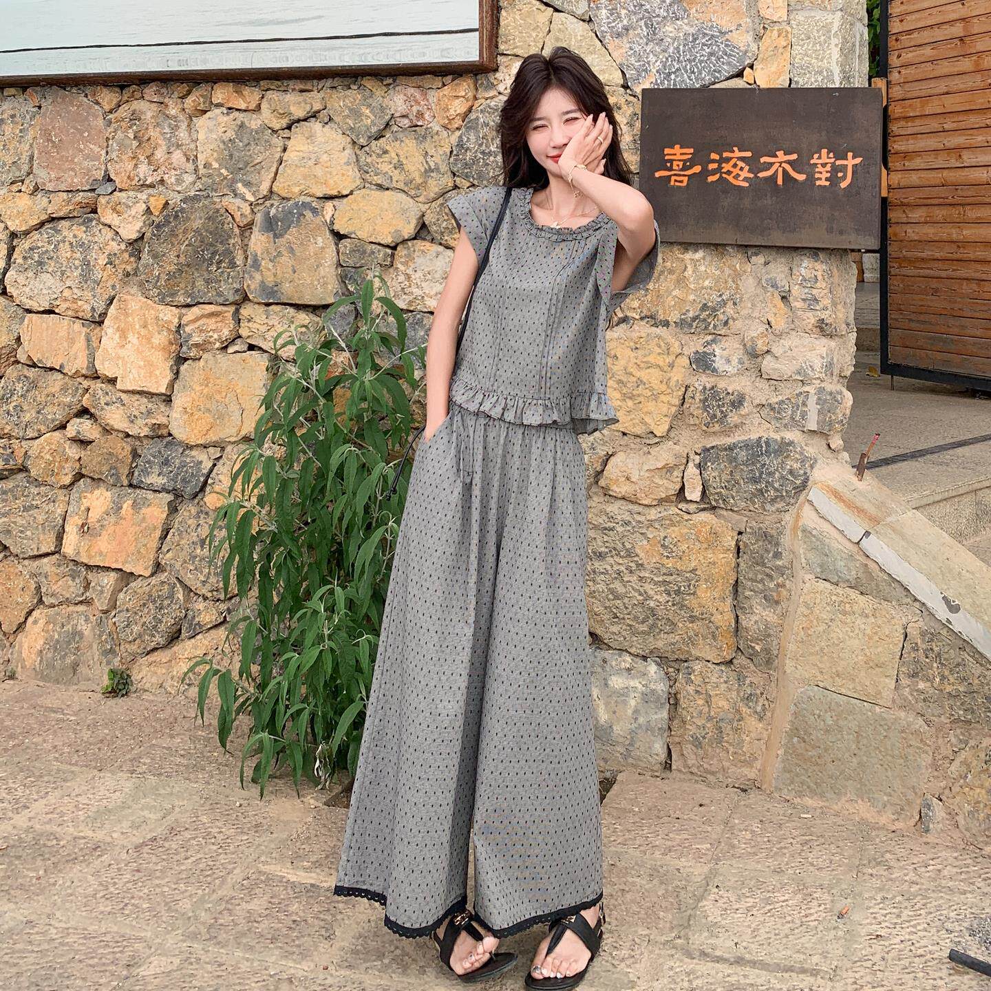 法式复古高级感一整套波点上衣套装女夏季2025年新款阔腿裤两件套