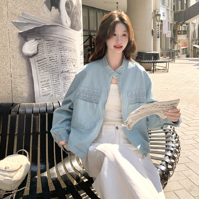 蕾丝刺绣拼接减龄短款外套女春秋新款韩版小个子休闲百搭夹克上衣