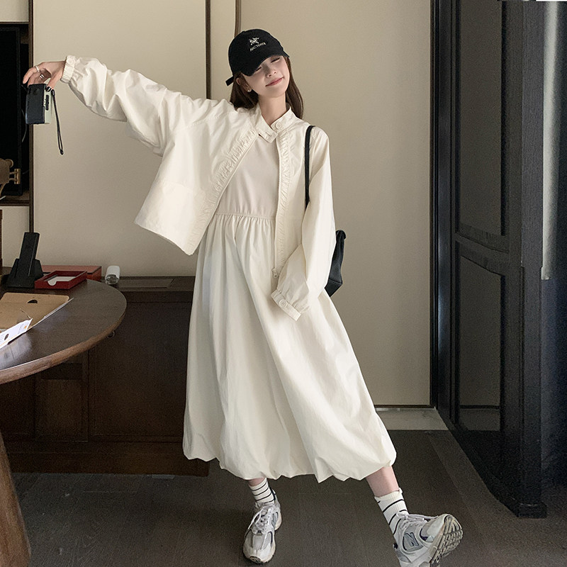 米白色立领短款外套花苞裙套装女