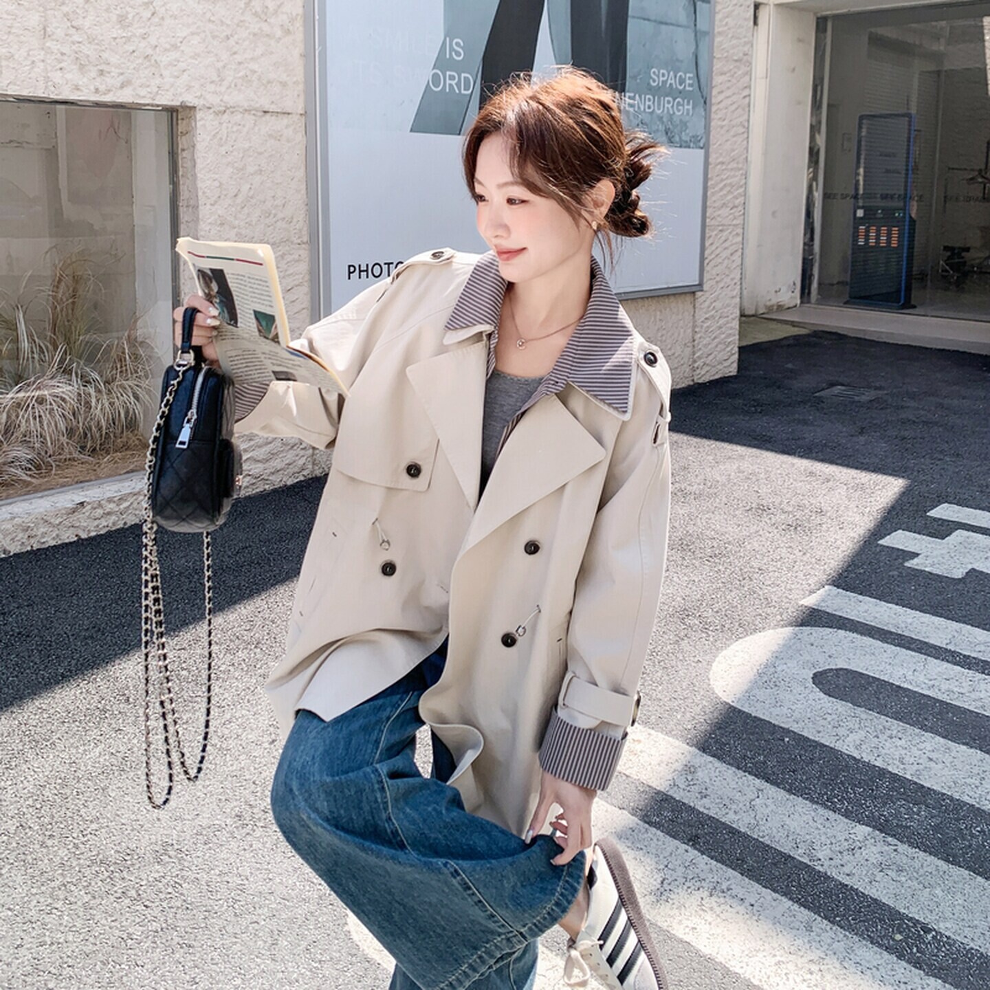 撞色条纹收腰中长款风衣外套女