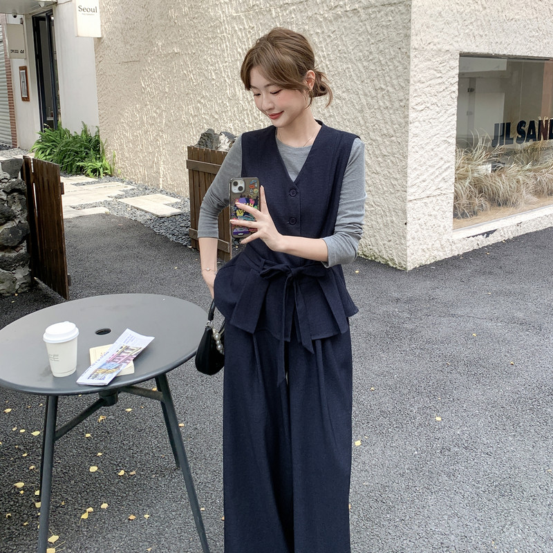 老钱风通勤气质套装长裤女春秋高级感收腰马甲打底衫阔腿裤三件套