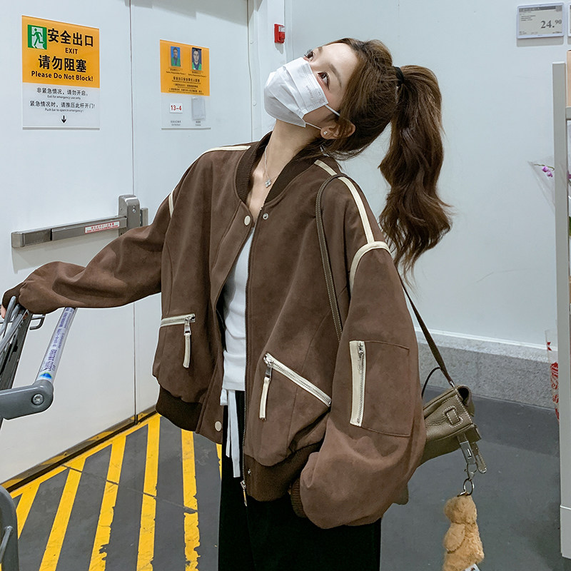 棕色美拉德短款棒球服外套女