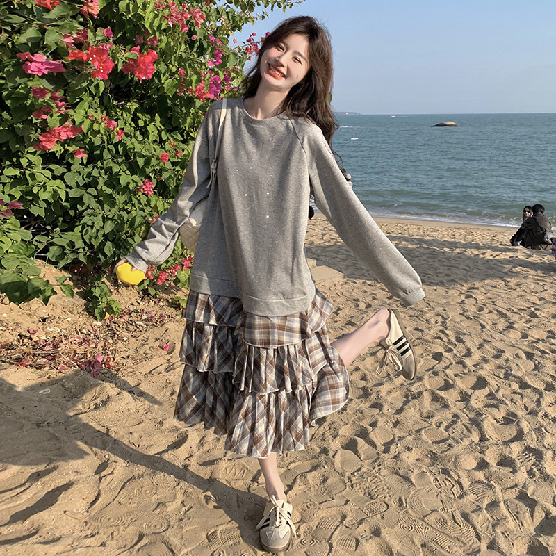 韩系格纹拼接假两件连衣裙女