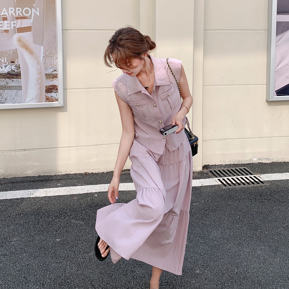 工装风一整套穿搭大摆长裙两件套女夏设计感小众衬衫半身裙套装