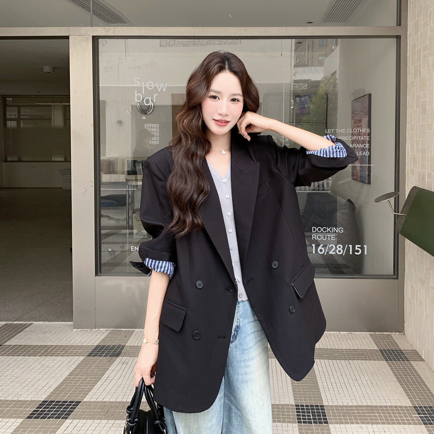 黑色条纹拼接西装外套女秋季新款韩系通勤职场百搭高级感气质西服