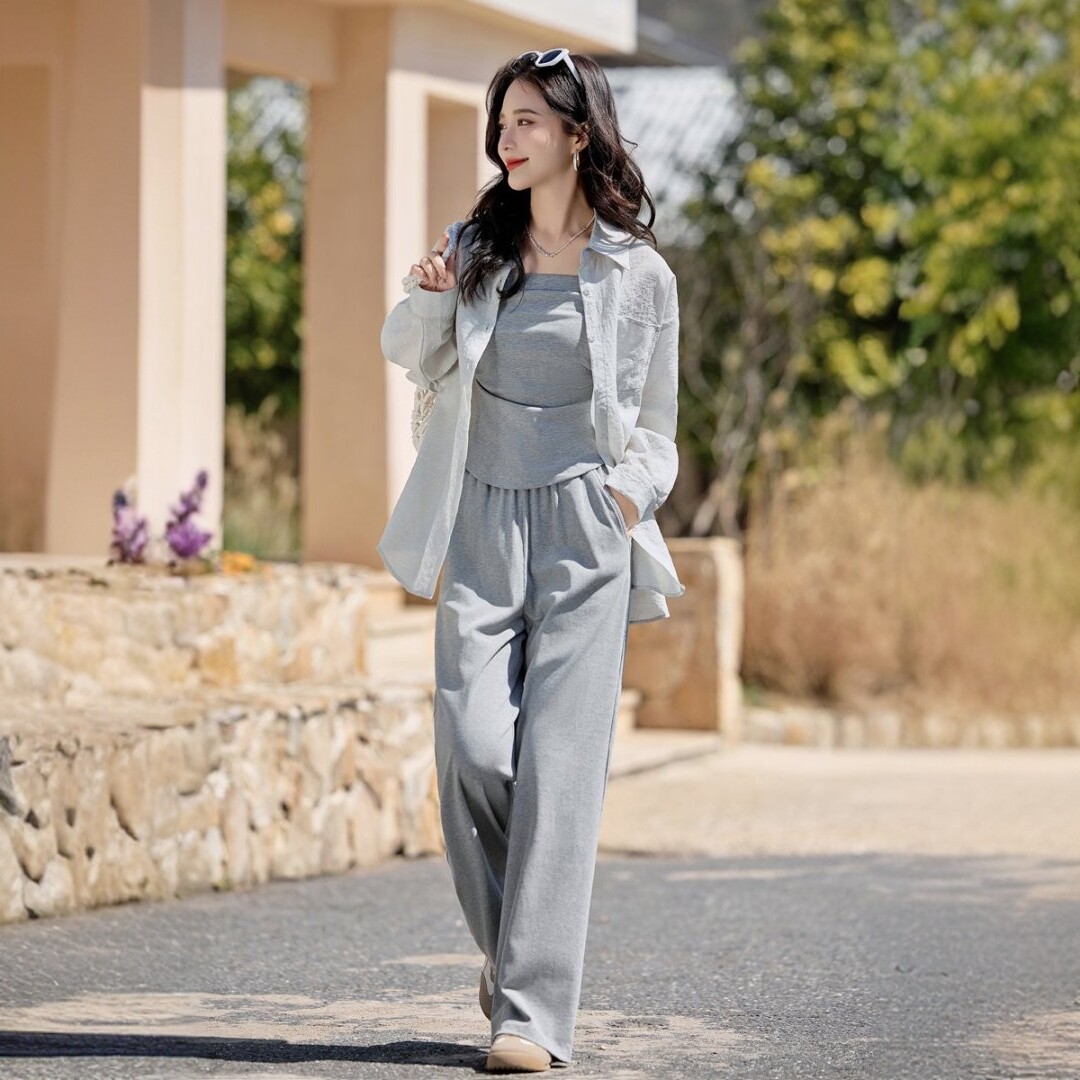 松弛感休闲套装长裤女夏装独特漂亮吊带长袖防晒衬衫阔腿裤三件套