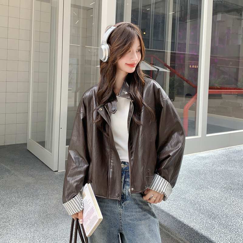 咖色韩系条纹撞色短款皮衣外套女