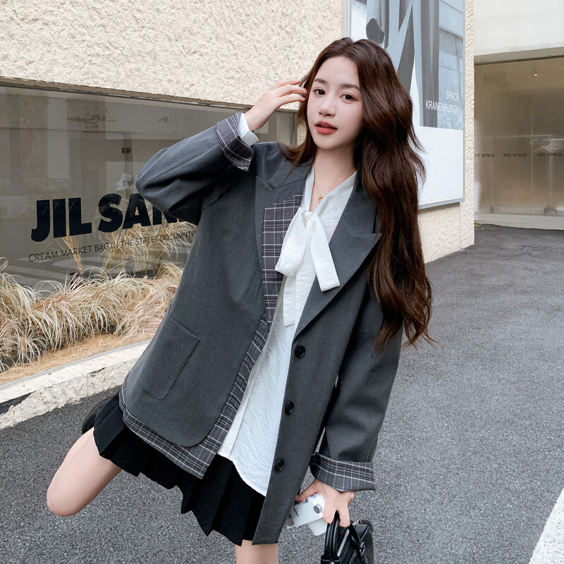 灰色设计感格子拼接气质西服女秋新款小个子休闲显瘦韩版西装外套