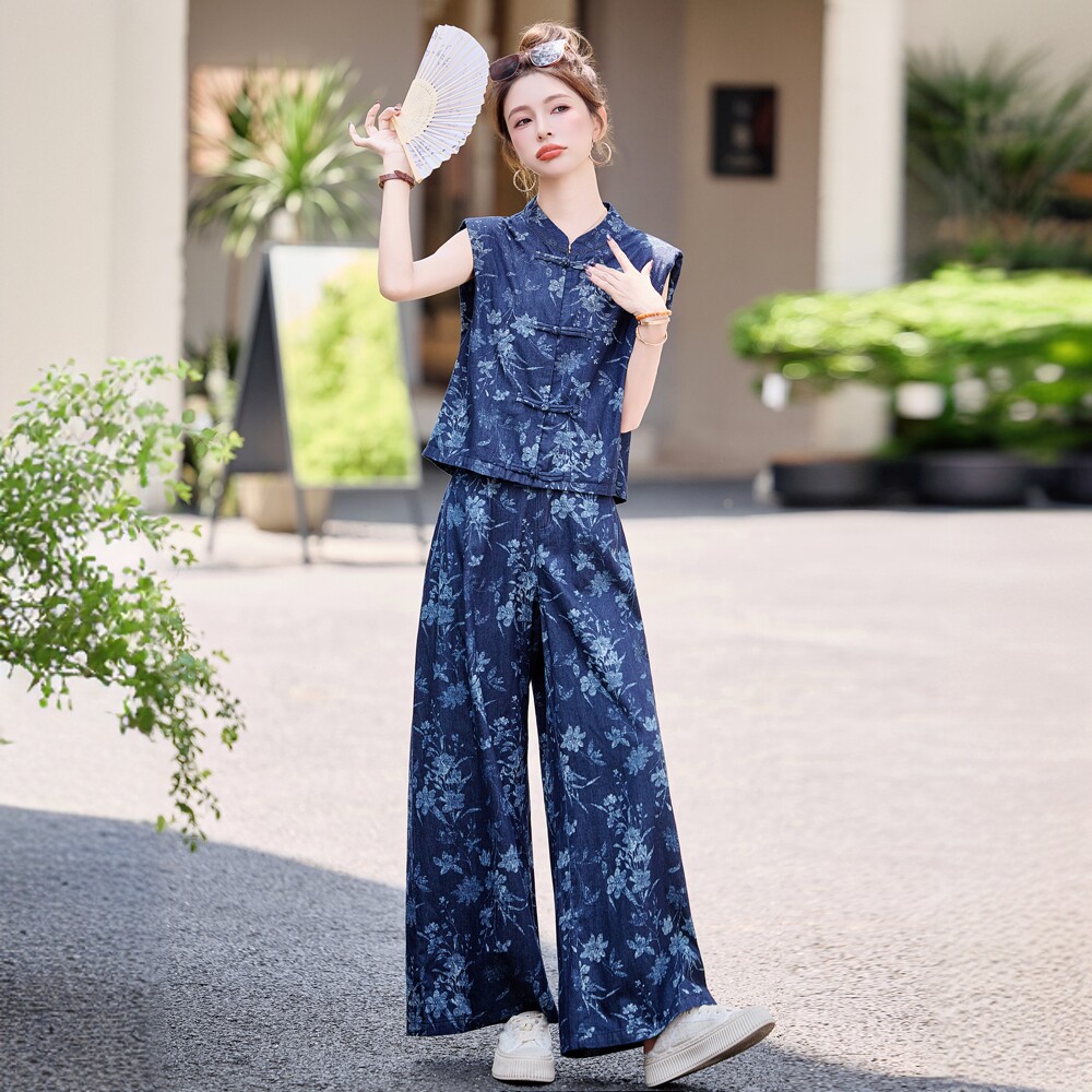 新中式国风印花时尚套装女夏老钱风复古盘扣无袖上衣阔腿裤两件套