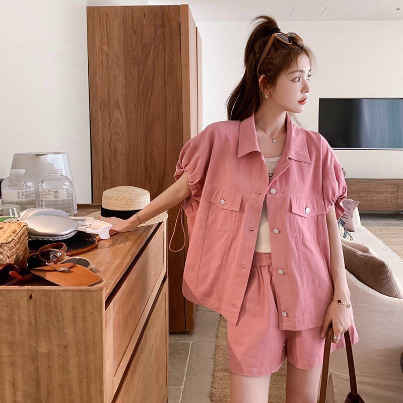 设计感宽松工装牛仔短袖外套两件套女夏时尚洋气小个子短裤两件套